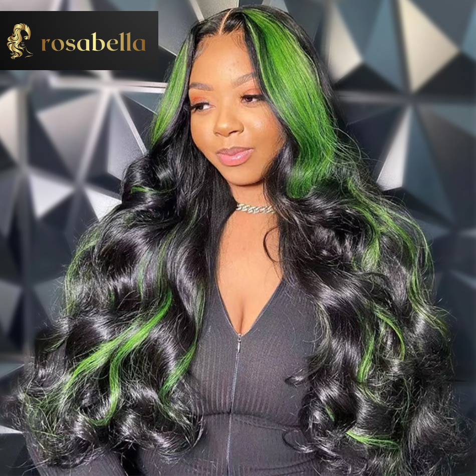 Green Highlight 13X6 Body Wave Lace Frontal Wig Ombre Green Virgin Human Hair Wigs Pre Plucked Transparent Lace Closure 5X5 Wig