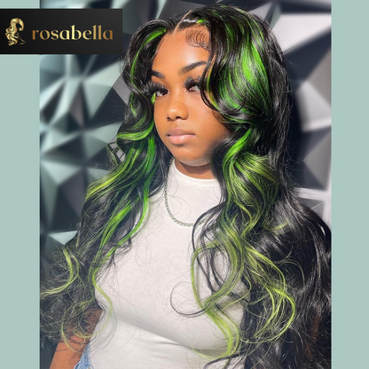 Green Highlight 13X6 Body Wave Lace Frontal Wig Ombre Green Virgin Human Hair Wigs Pre Plucked Transparent Lace Closure 5X5 Wig