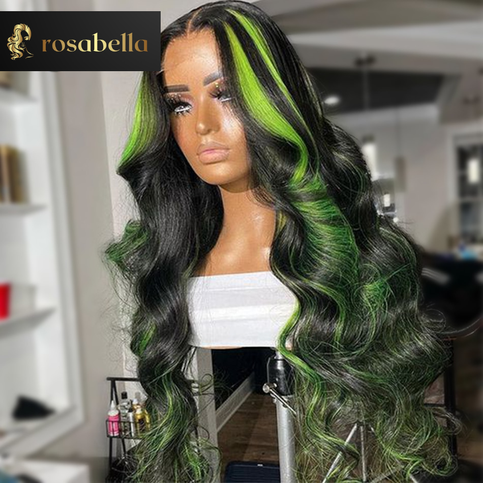 Green Highlight 13X6 Body Wave Lace Frontal Wig Ombre Green Virgin Human Hair Wigs Pre Plucked Transparent Lace Closure 5X5 Wig