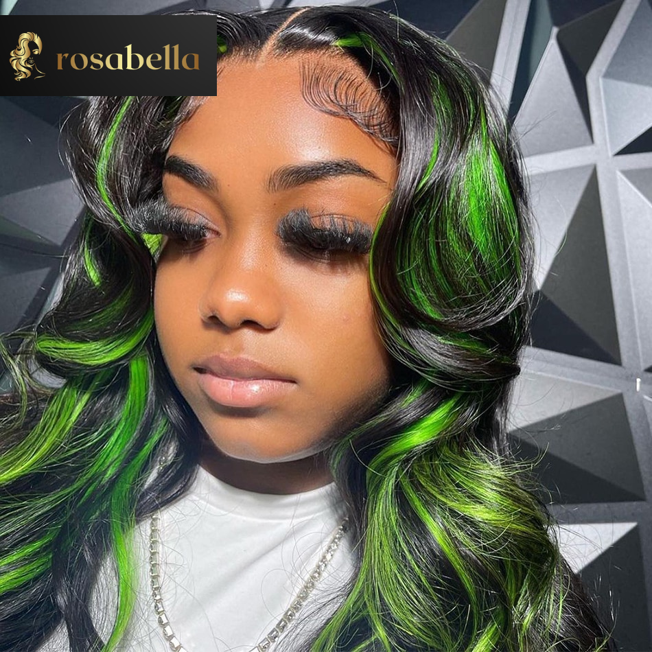 Green Highlight 13X6 Body Wave Lace Frontal Wig Ombre Green Virgin Human Hair Wigs Pre Plucked Transparent Lace Closure 5X5 Wig