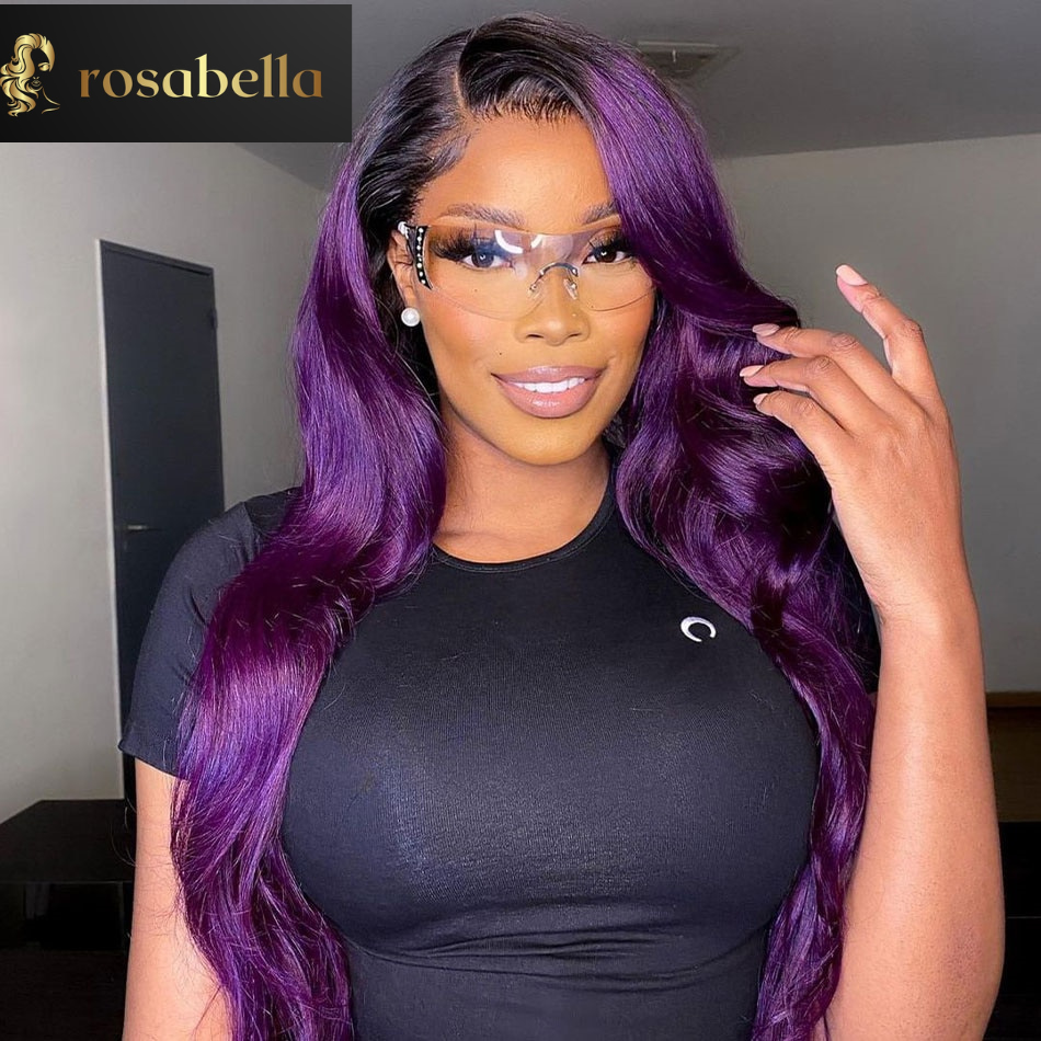 32 Inch Ombre Purple Transparent Lace 5X5 Closure Wig 13X6 Lace Frontal Wig Human Hair 1B/Purple 200% Body Wave Lace Front Wigs