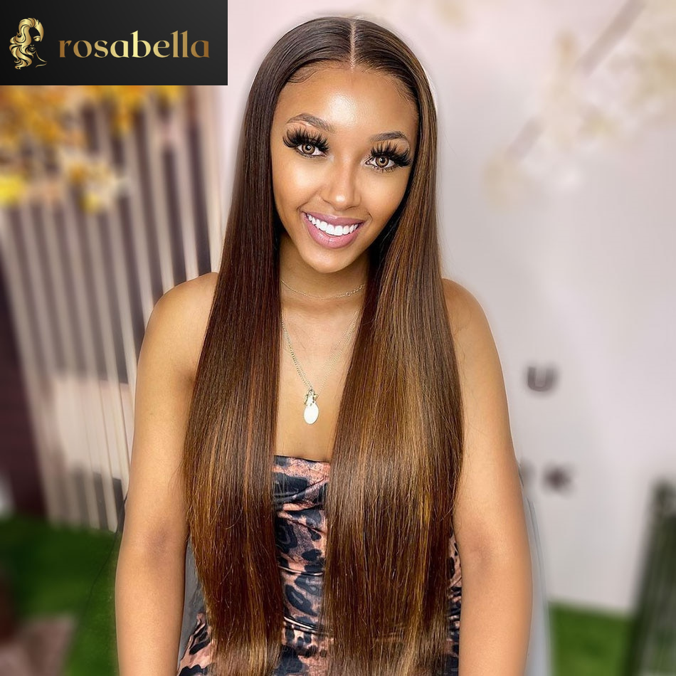 Highlight Wig Straight Lace Front Human Hair Brown Blonde 180% 13x4 Lace Frontal Wigs   34 Inch 4X4 Lace Closure Wigs